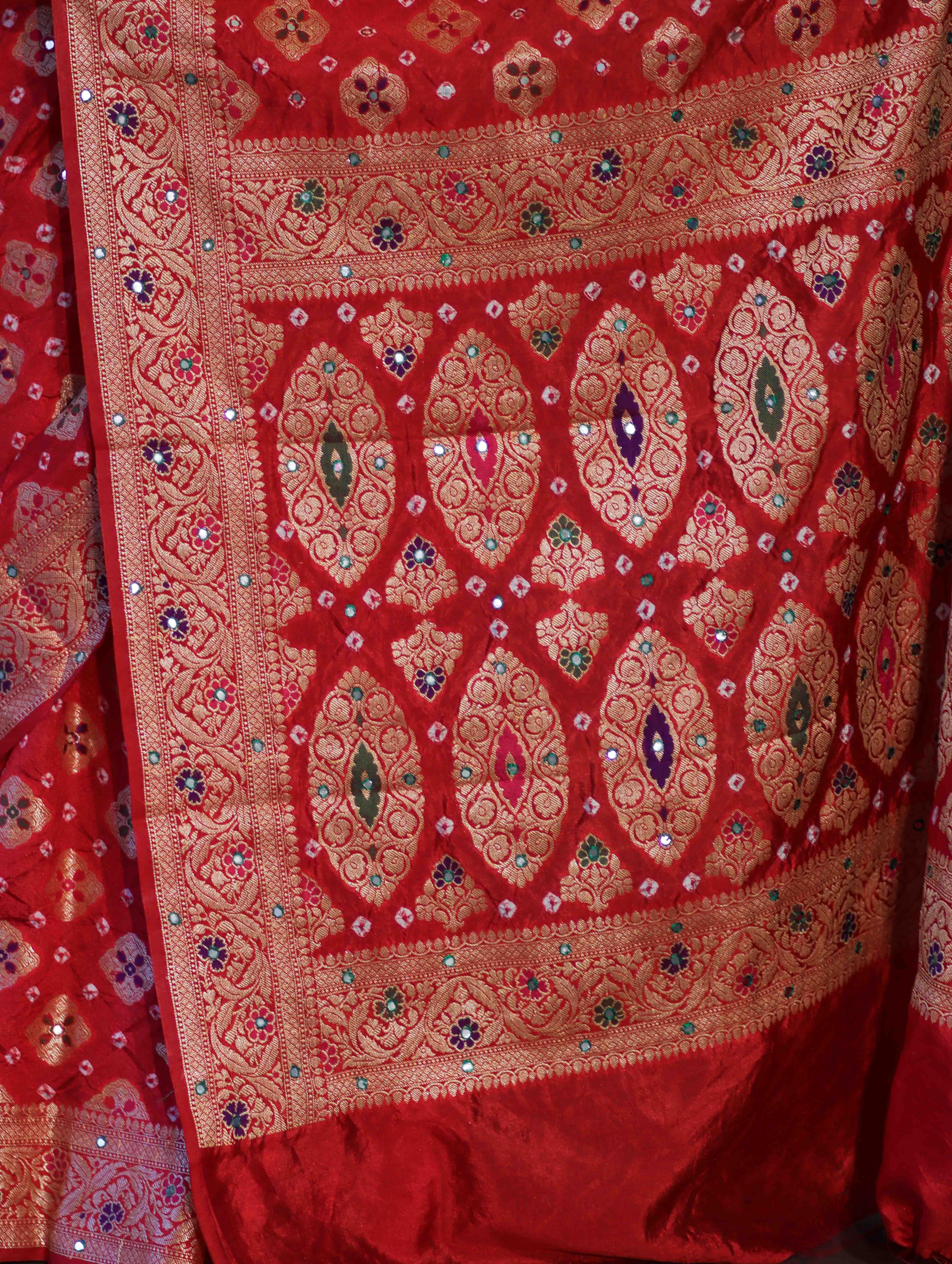 Banarasee Handloom Semi Silk Bandhej Saree With Zari Design Mirror Work & Floral Border-Red