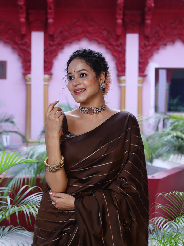 Banarasee Handloom Semi Silk Saree With Gold Zari Stripes-Brown