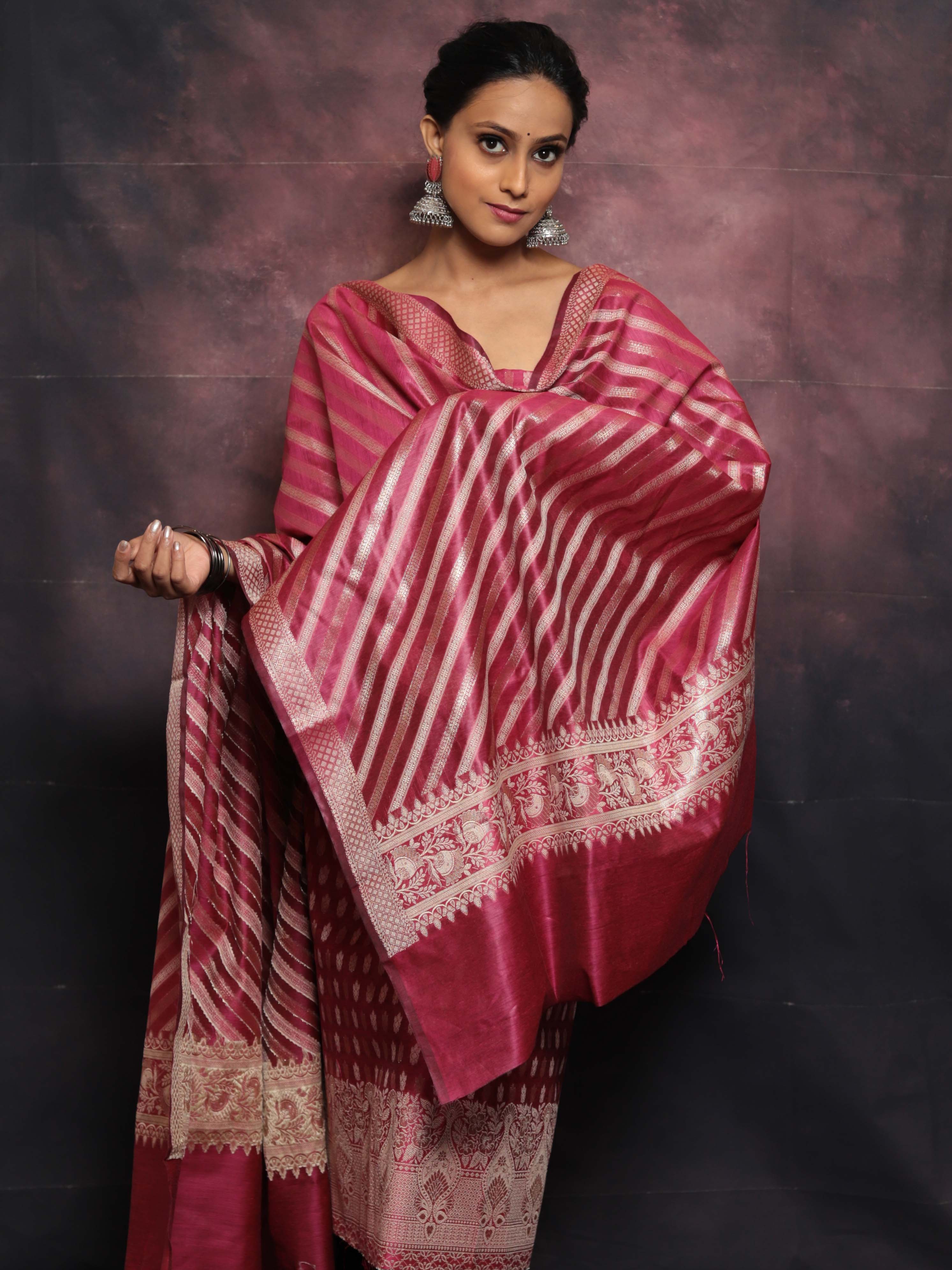 Banarasee Salwar Kameez Cotton Silk Resham & Zari Buti Woven Fabric With Dupatta-Magenta