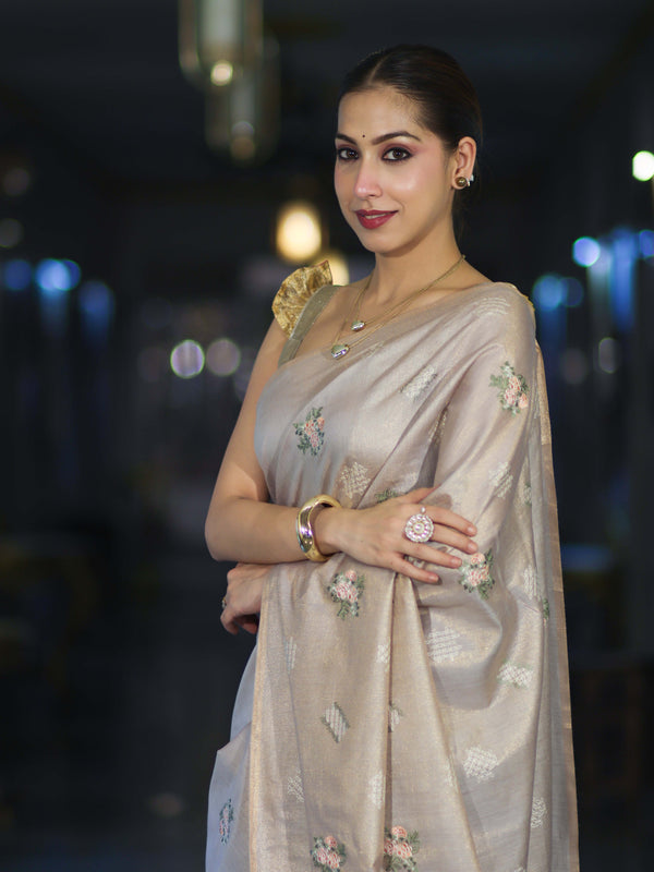 Banarasee Handloom Dual Tone Cotton Silk Saree With Resham Embroidery-Rose Pink (Gold Tone)