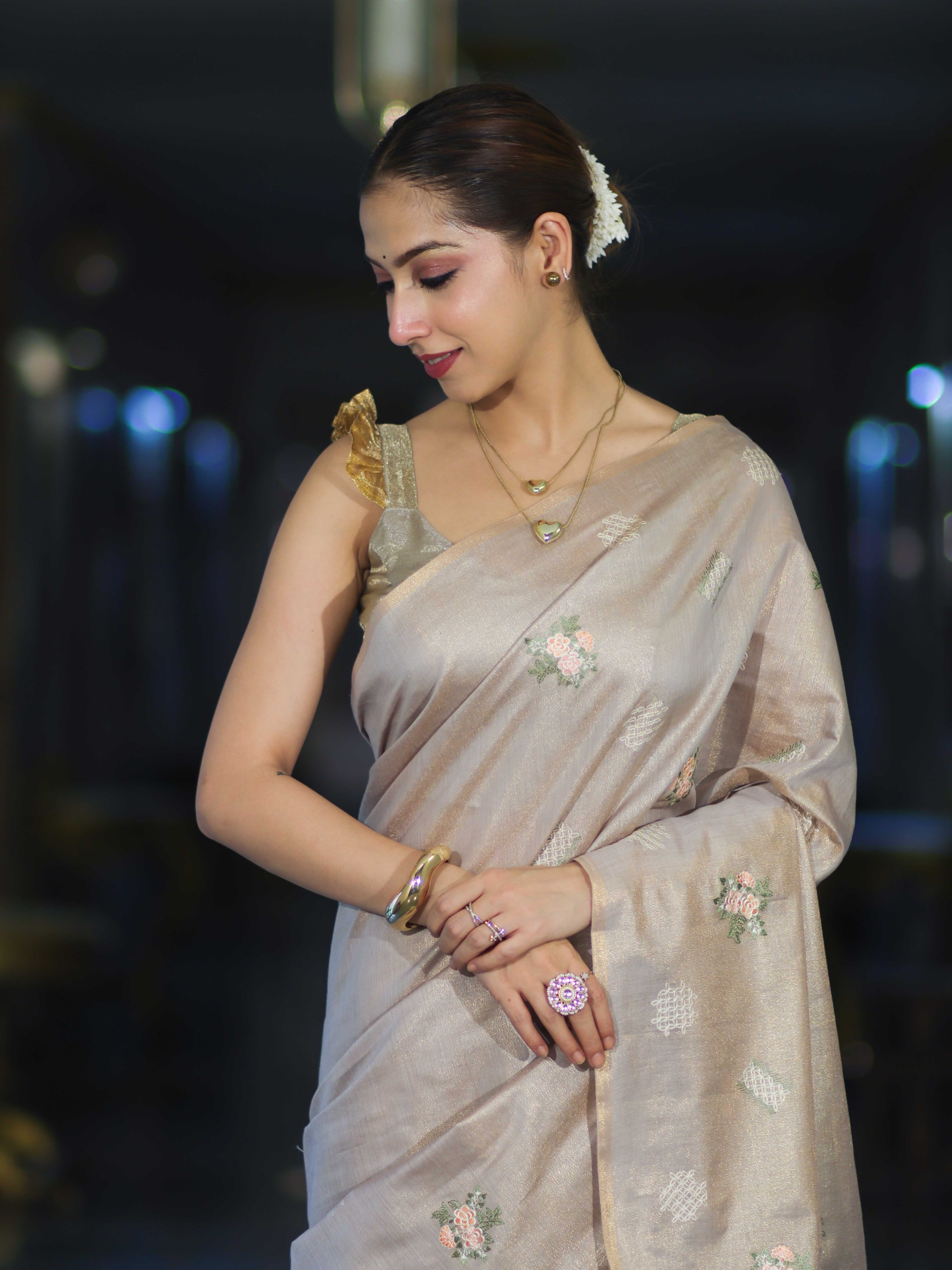 Banarasee Handloom Dual Tone Cotton Silk Saree With Resham Embroidery-Rose Pink (Gold Tone)