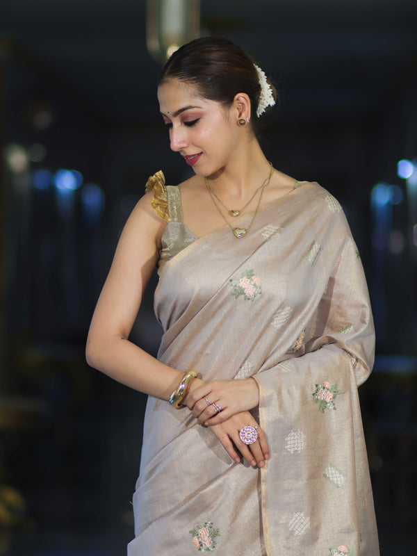 Banarasee Handloom Dual Tone Cotton Silk Saree With Resham Embroidery-Rose Pink (Gold Tone)