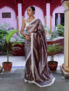Banarasee Handwoven Crushed Tissue Saree With Handwoven Pearl Motifs & Lace-Grey (Purple Tone)