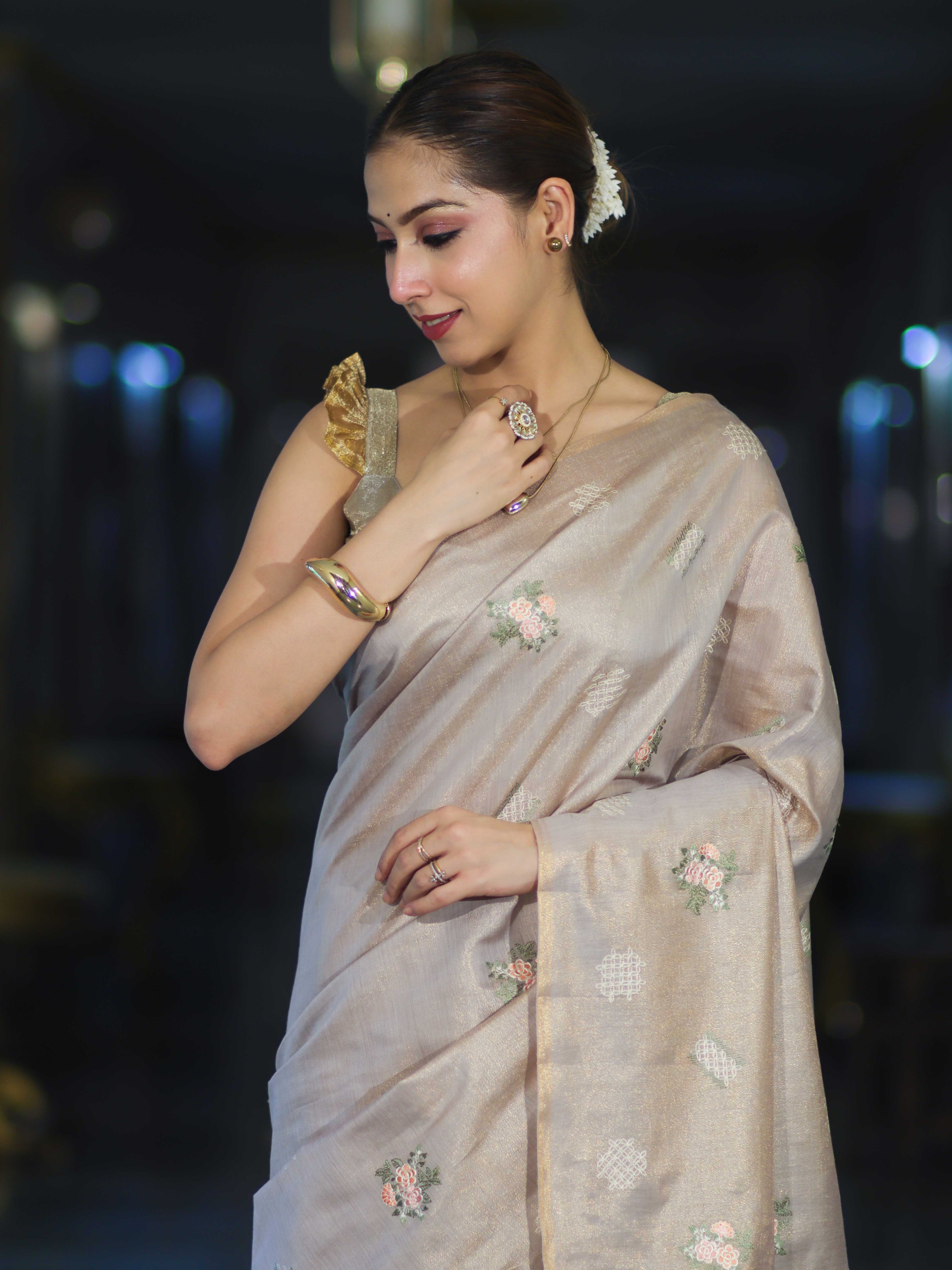 Banarasee Handloom Dual Tone Cotton Silk Saree With Resham Embroidery-Rose Pink (Gold Tone)