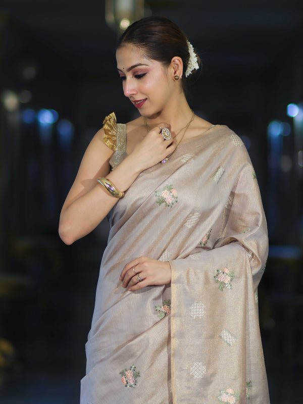Banarasee Handloom Dual Tone Cotton Silk Saree With Resham Embroidery-Rose Pink (Gold Tone)