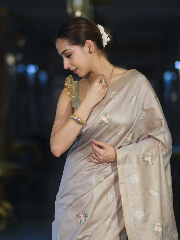 Banarasee Handloom Dual Tone Cotton Silk Saree With Resham Embroidery-Rose Pink (Gold Tone)