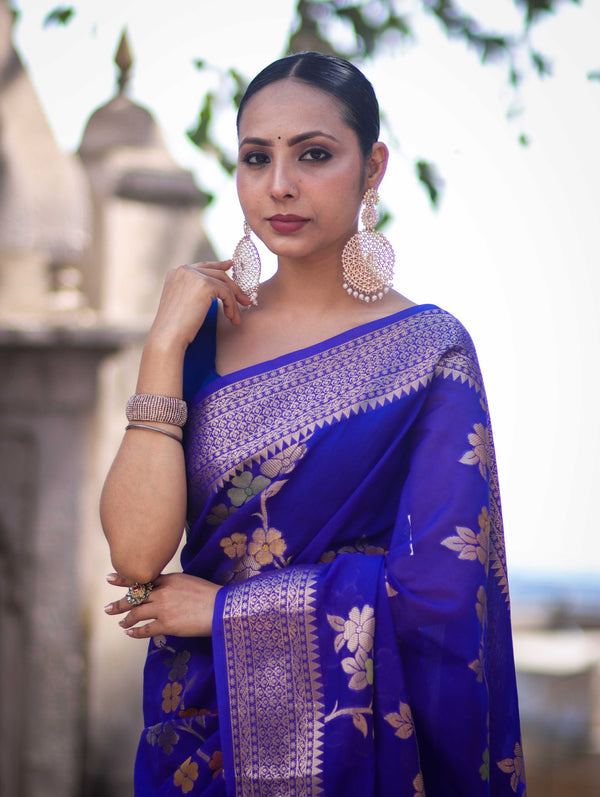 Banarasee Semi Chiffon Saree With Floral Zari Work & Border-Violet