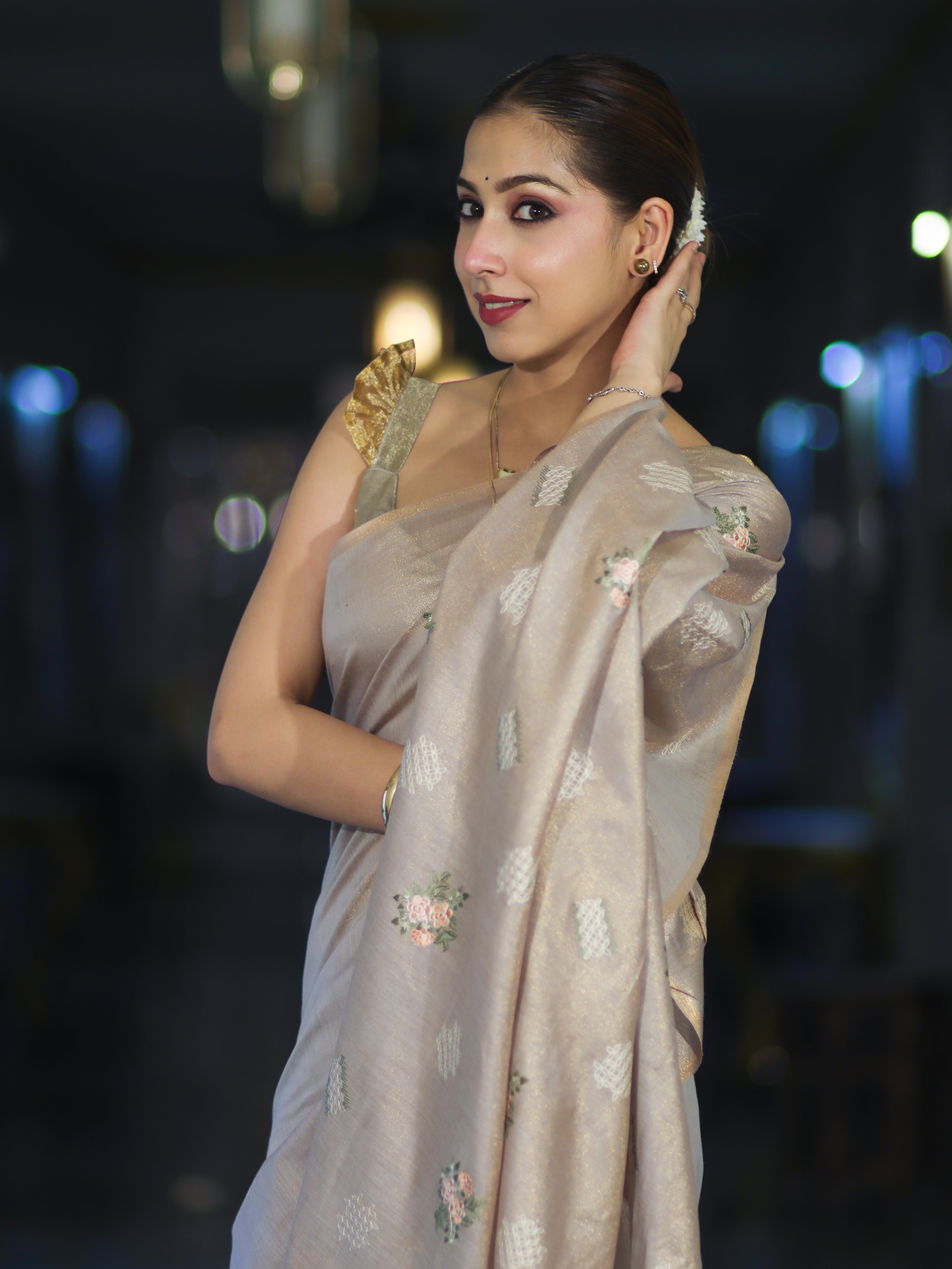 Banarasee Handloom Dual Tone Cotton Silk Saree With Resham Embroidery-Rose Pink (Gold Tone)