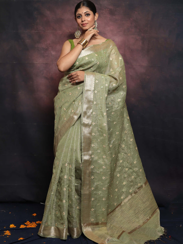 Banarasee Handwoven Zari Border Tissue Saree With Embroidered Floral Buta-Pastel Green