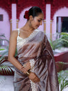 Banarasee Handwoven Crushed Tissue Saree With Handwoven Pearl Motifs & Lace-Grey (Purple Tone)