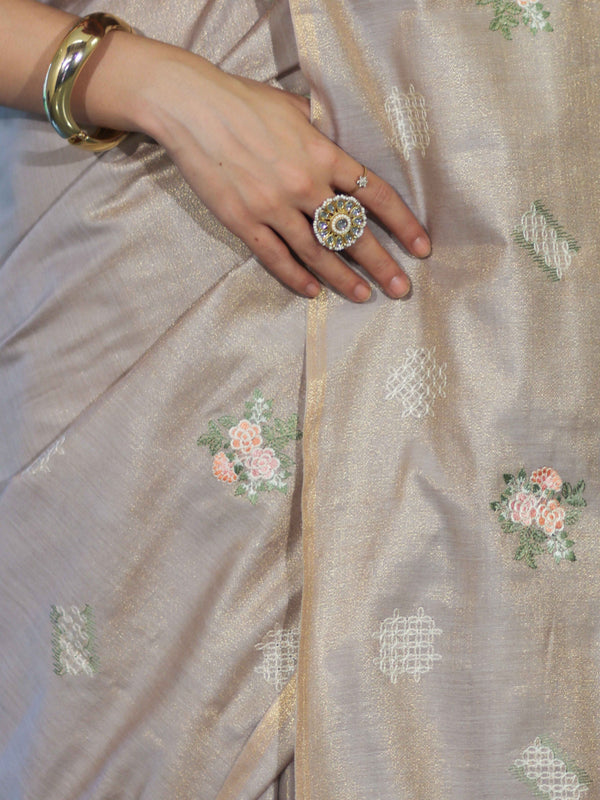Banarasee Handloom Dual Tone Cotton Silk Saree With Resham Embroidery-Rose Pink (Gold Tone)