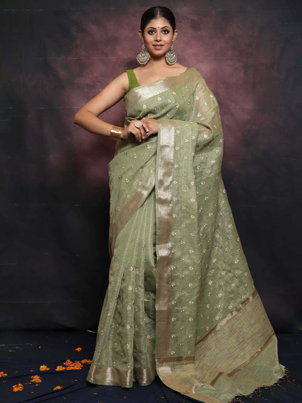 Banarasee Handwoven Zari Border Tissue Saree With Embroidered Floral Buta-Pastel Green