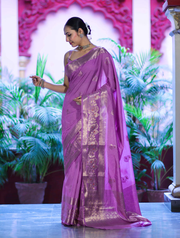 Banarasee Handloom Semi Silk Plain Saree With Zari Buta Design & Border-Onion Pink