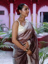 Banarasee Handwoven Crushed Tissue Saree With Handwoven Pearl Motifs & Lace-Grey (Purple Tone)