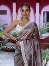 Banarasee Handwoven Crushed Tissue Saree With Handwoven Pearl Motifs & Lace-Grey (Purple Tone)
