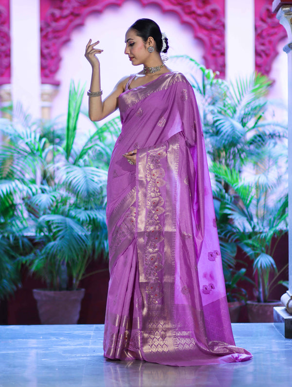 Banarasee Handloom Semi Silk Plain Saree With Zari Buta Design & Border-Onion Pink