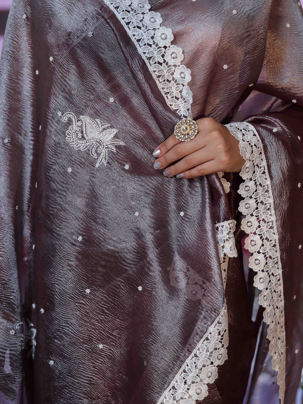Banarasee Handwoven Crushed Tissue Saree With Handwoven Pearl Motifs & Lace-Grey (Purple Tone)