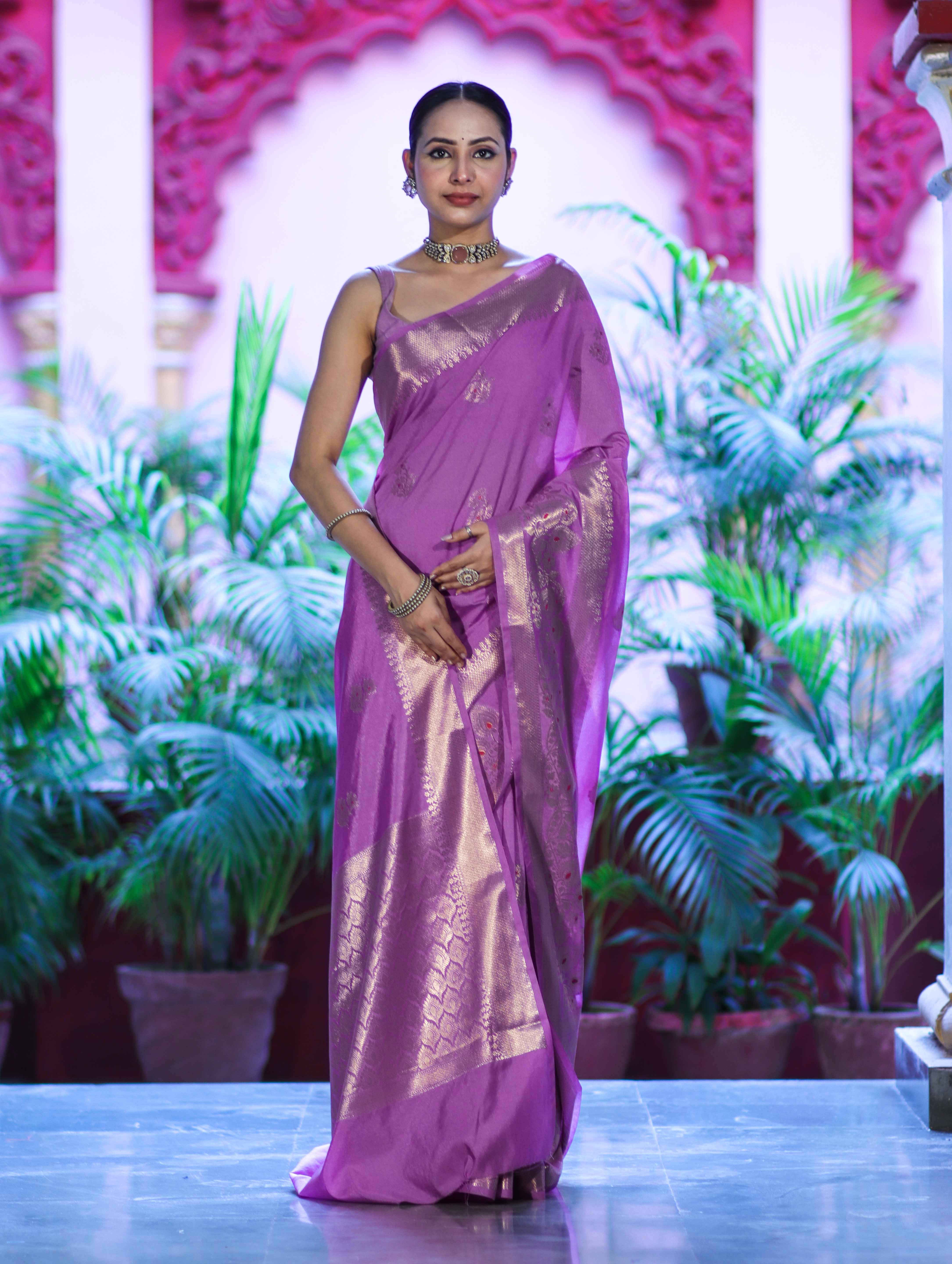Banarasee Handloom Semi Silk Plain Saree With Zari Buta Design & Border-Onion Pink