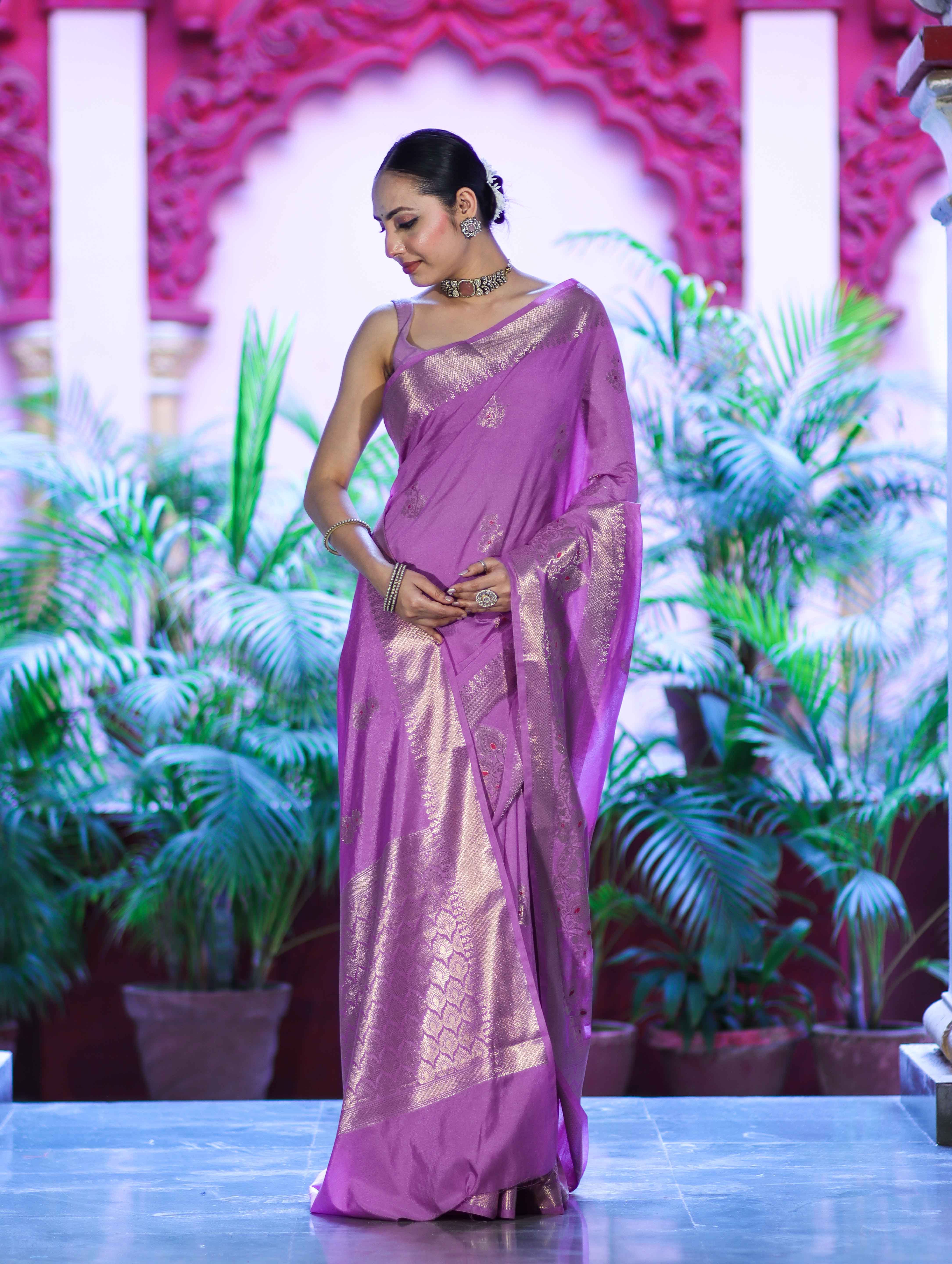 Banarasee Handloom Semi Silk Plain Saree With Zari Buta Design & Border-Onion Pink