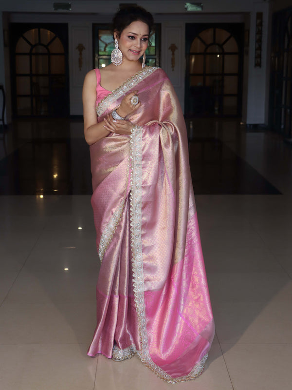 Banarasee Handwoven Tissue Saree With Tanchoi Weaving Zari Border & Lace-Pink (Dual Tone)