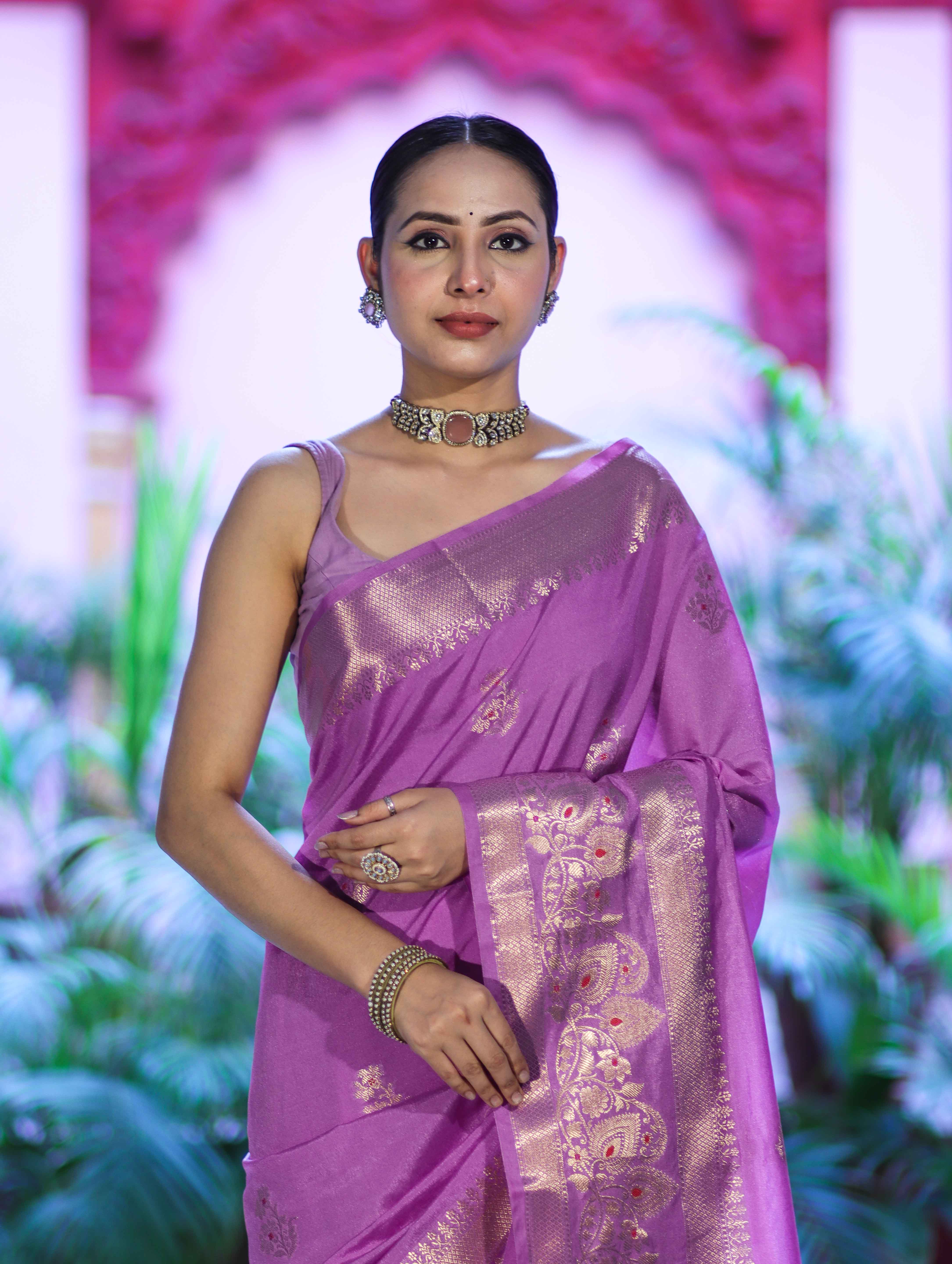 Banarasee Handloom Semi Silk Plain Saree With Zari Buta Design & Border-Onion Pink