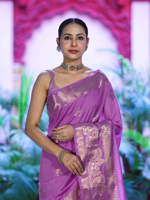Banarasee Handloom Semi Silk Plain Saree With Zari Buta Design & Border-Onion Pink