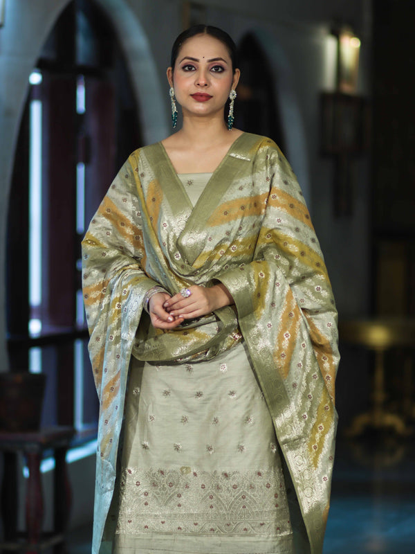 Banarasee Zari & Resham Embroidered Chanderi Salwar Kameez With Multicolor Dupatta Set-Sage Green