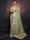 Banarasee Handwoven Zari Border Tissue Saree With Embroidered Floral Buta-Pastel Green