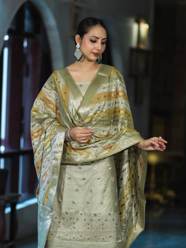 Banarasee Zari & Resham Embroidered Chanderi Salwar Kameez With Multicolor Dupatta Set-Sage Green