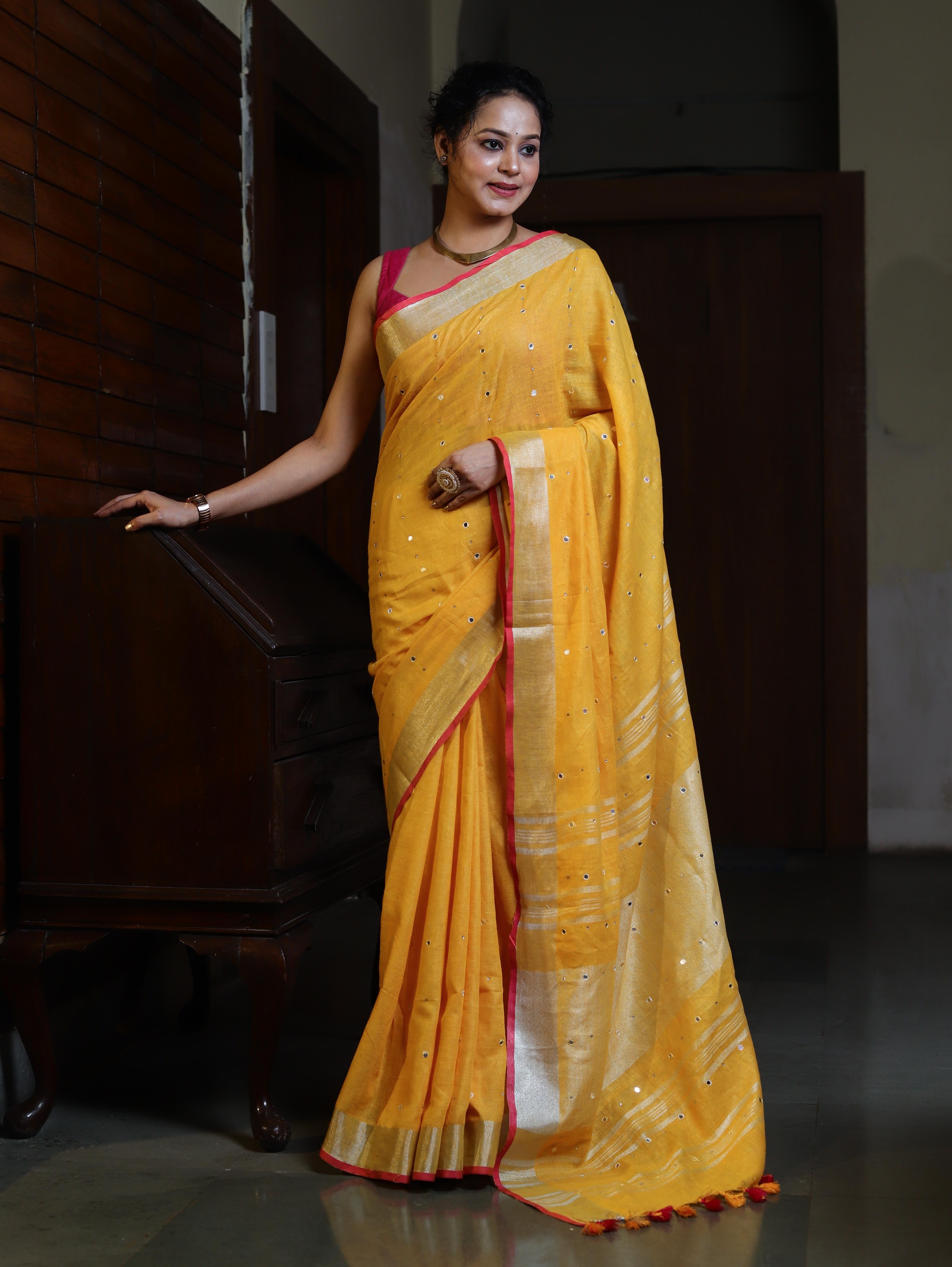 Bhagalpur Handloom Pure Linen Saree With Mirror Work & Contrast Border-Mustard Yellow