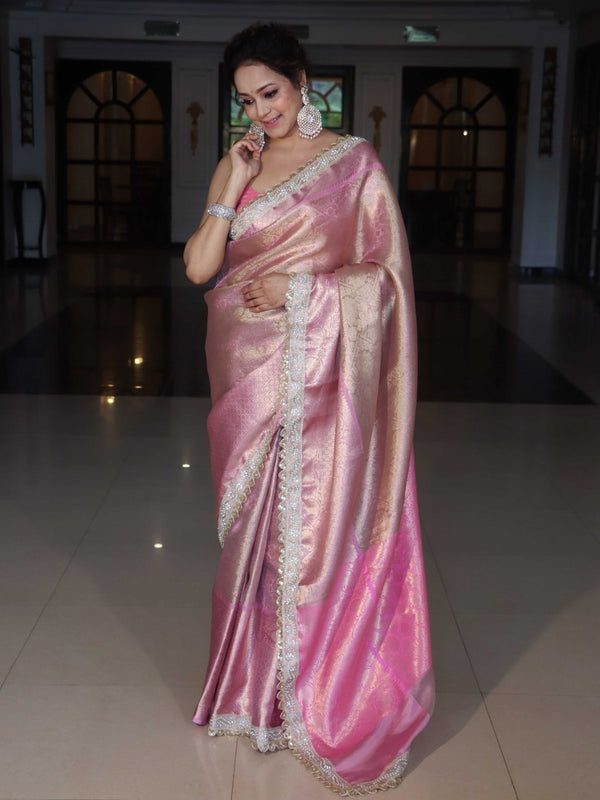 Banarasee Handwoven Tissue Saree With Tanchoi Weaving Zari Border & Lace-Pink (Dual Tone)
