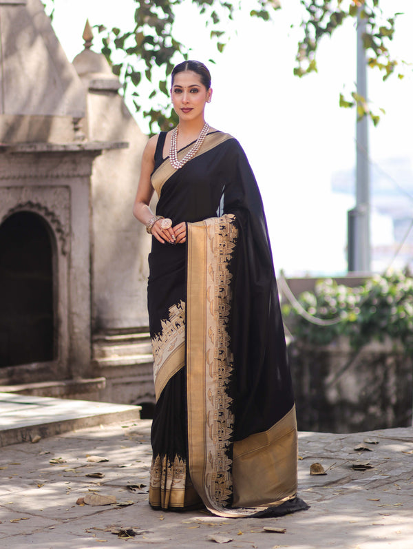 Banarasee Handloom Plain Semi Katan Saree With Ganga Ghat Zari Border-Black