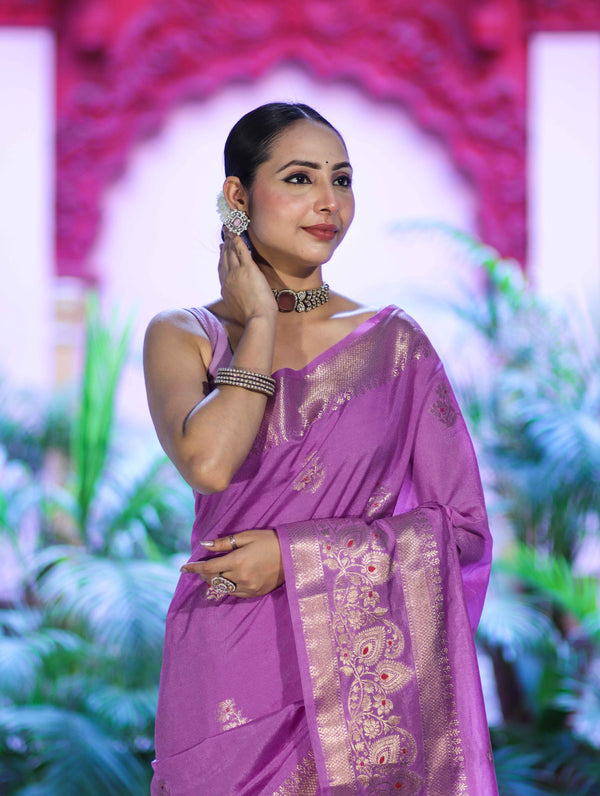 Banarasee Handloom Semi Silk Plain Saree With Zari Buta Design & Border-Onion Pink
