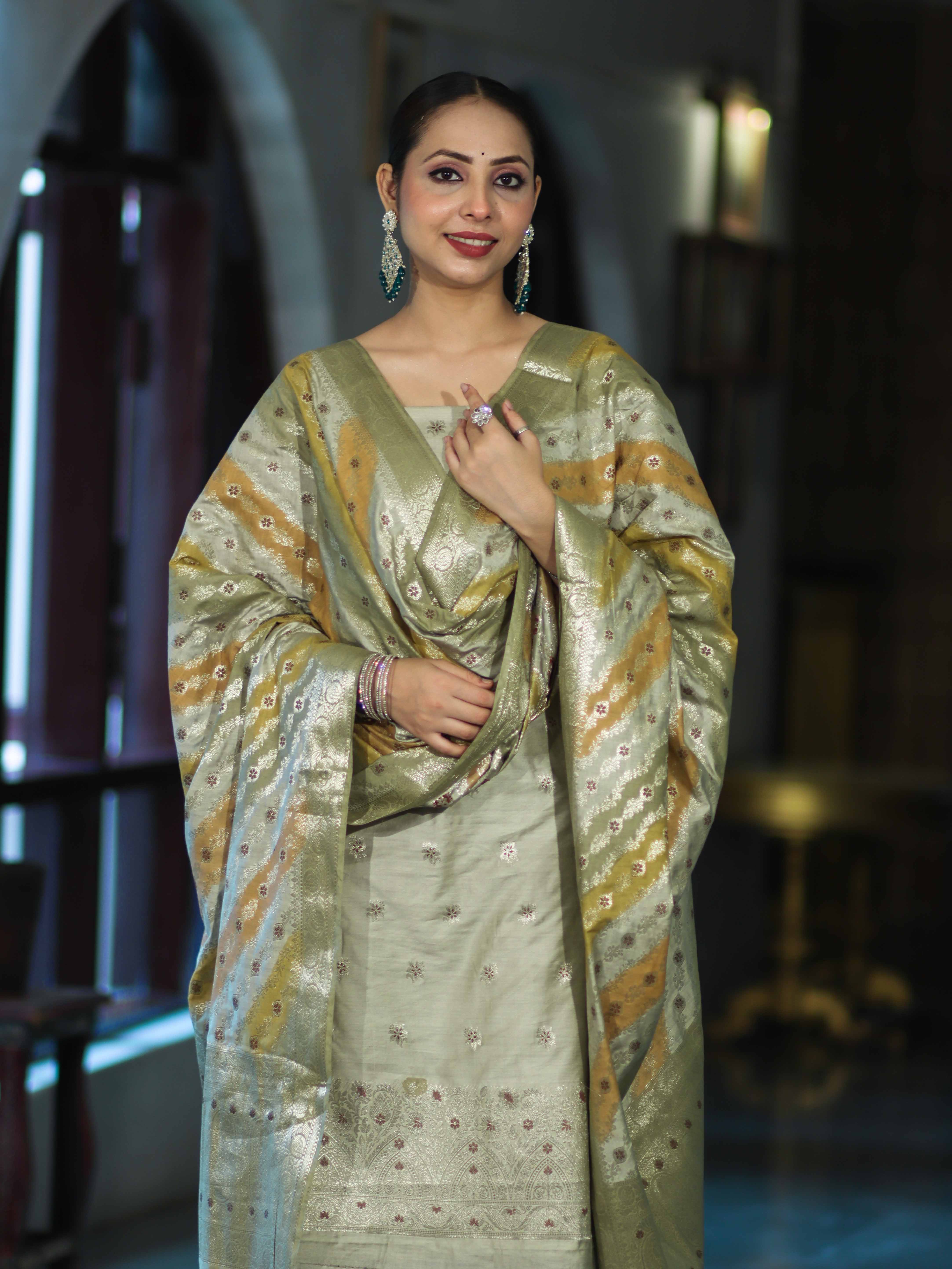 Banarasee Zari & Resham Embroidered Chanderi Salwar Kameez With Multicolor Dupatta Set-Sage Green