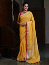 Bhagalpur Handloom Pure Linen Saree With Mirror Work & Contrast Border-Mustard Yellow