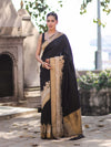 Banarasee Handloom Plain Semi Katan Saree With Ganga Ghat Zari Border-Black