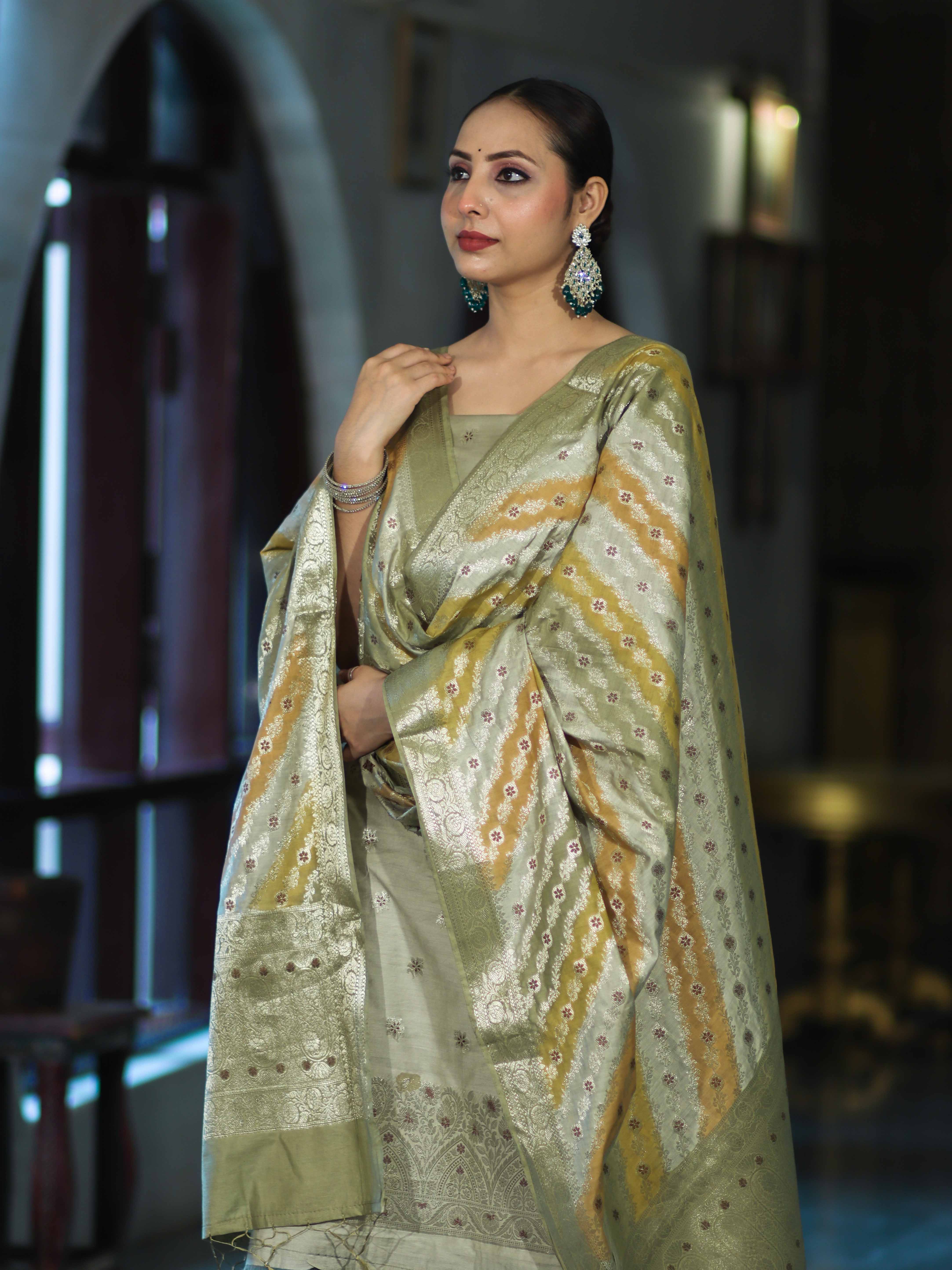 Banarasee Zari & Resham Embroidered Chanderi Salwar Kameez With Multicolor Dupatta Set-Sage Green