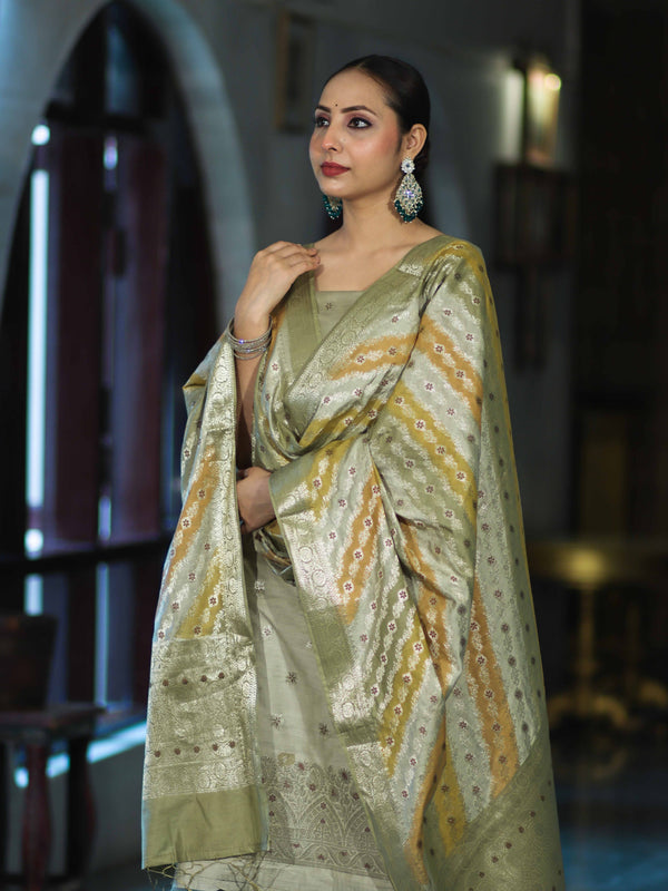 Banarasee Zari & Resham Embroidered Chanderi Salwar Kameez With Multicolor Dupatta Set-Sage Green