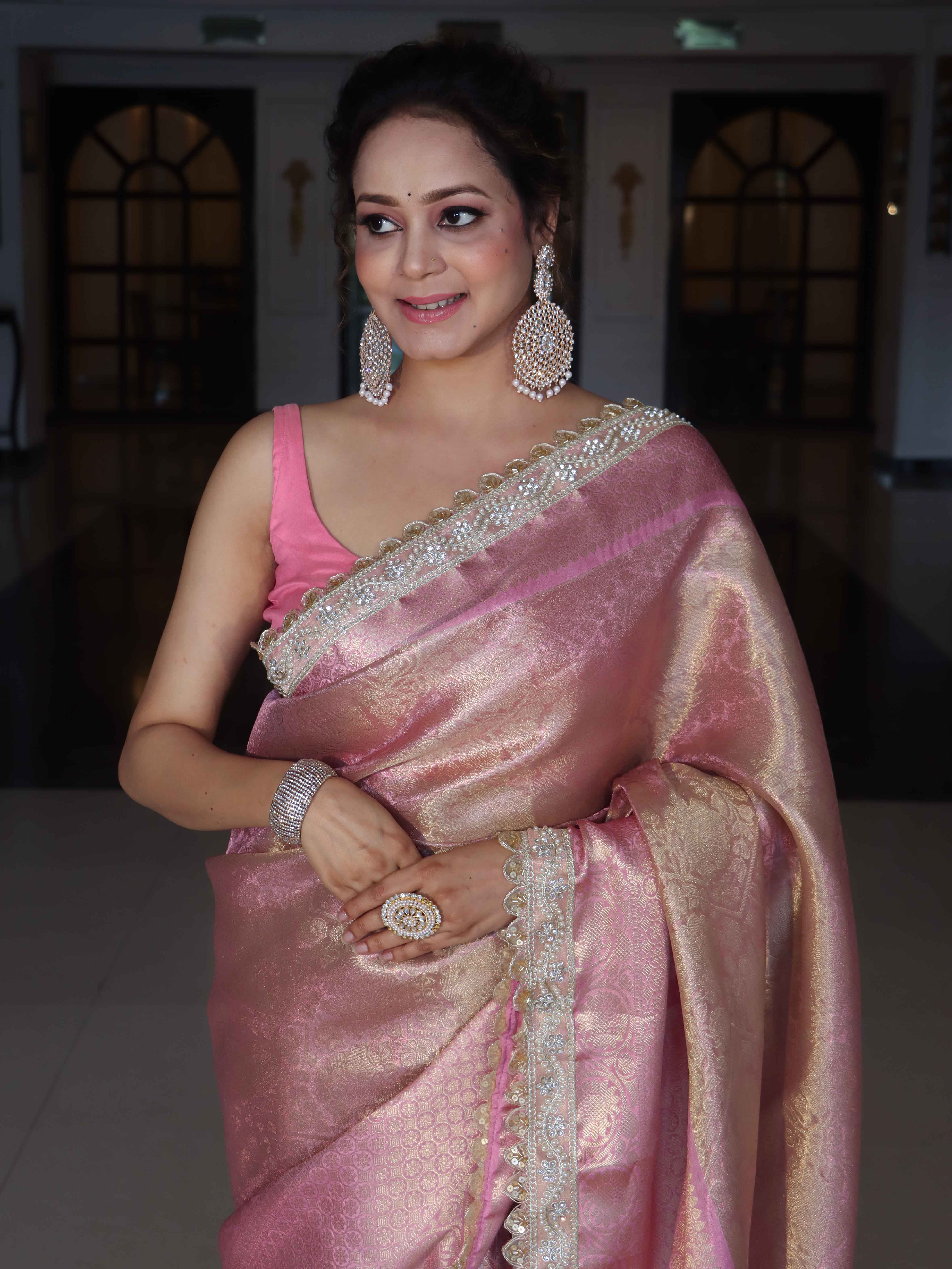 Banarasee Handwoven Tissue Saree With Tanchoi Weaving Zari Border & Lace-Pink (Dual Tone)