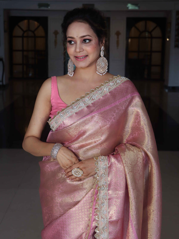 Banarasee Handwoven Tissue Saree With Tanchoi Weaving Zari Border & Lace-Pink (Dual Tone)