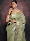 Banarasee Handwoven Zari Border Tissue Saree With Embroidered Floral Buta-Pastel Green