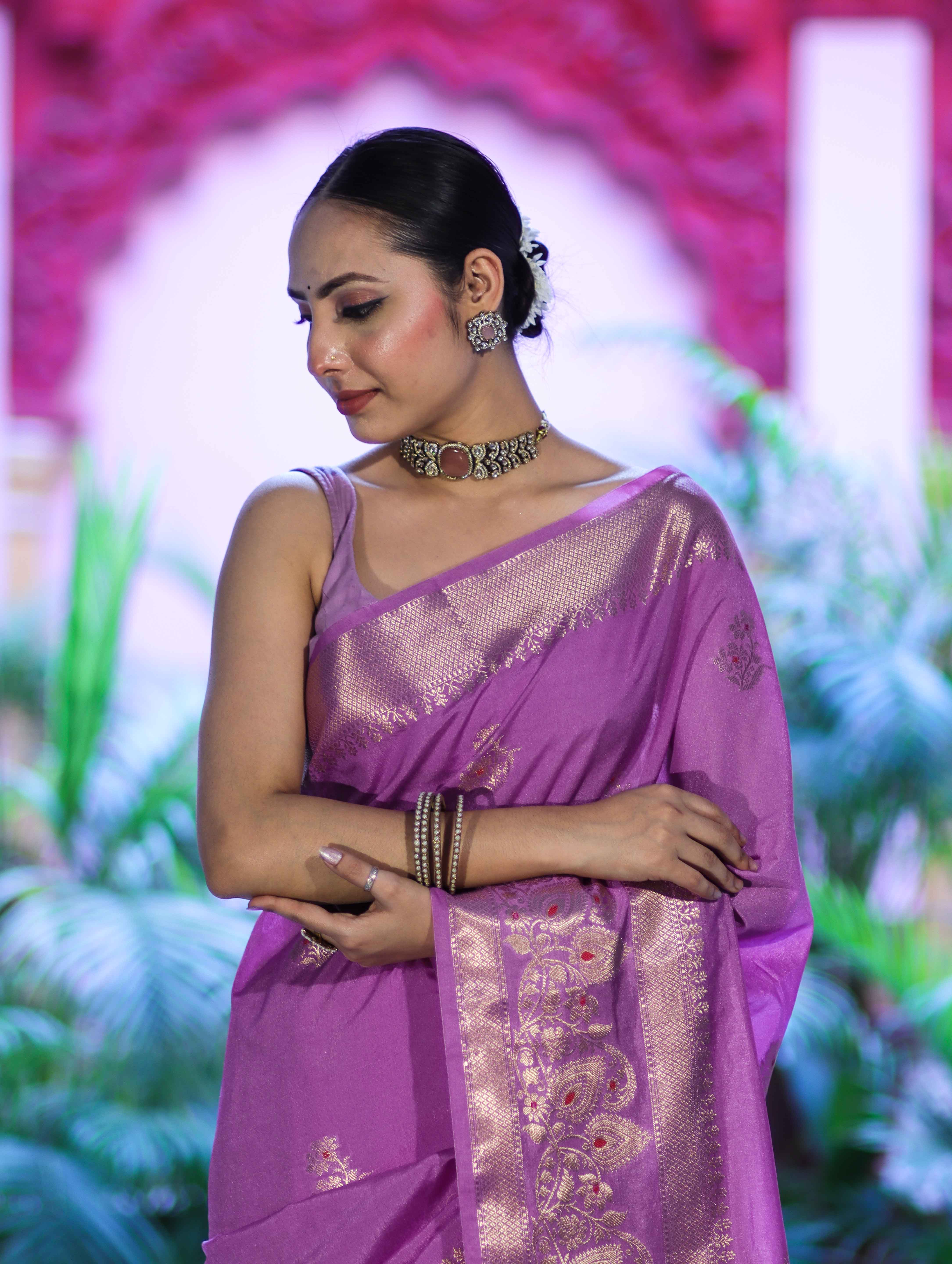 Banarasee Handloom Semi Silk Plain Saree With Zari Buta Design & Border-Onion Pink