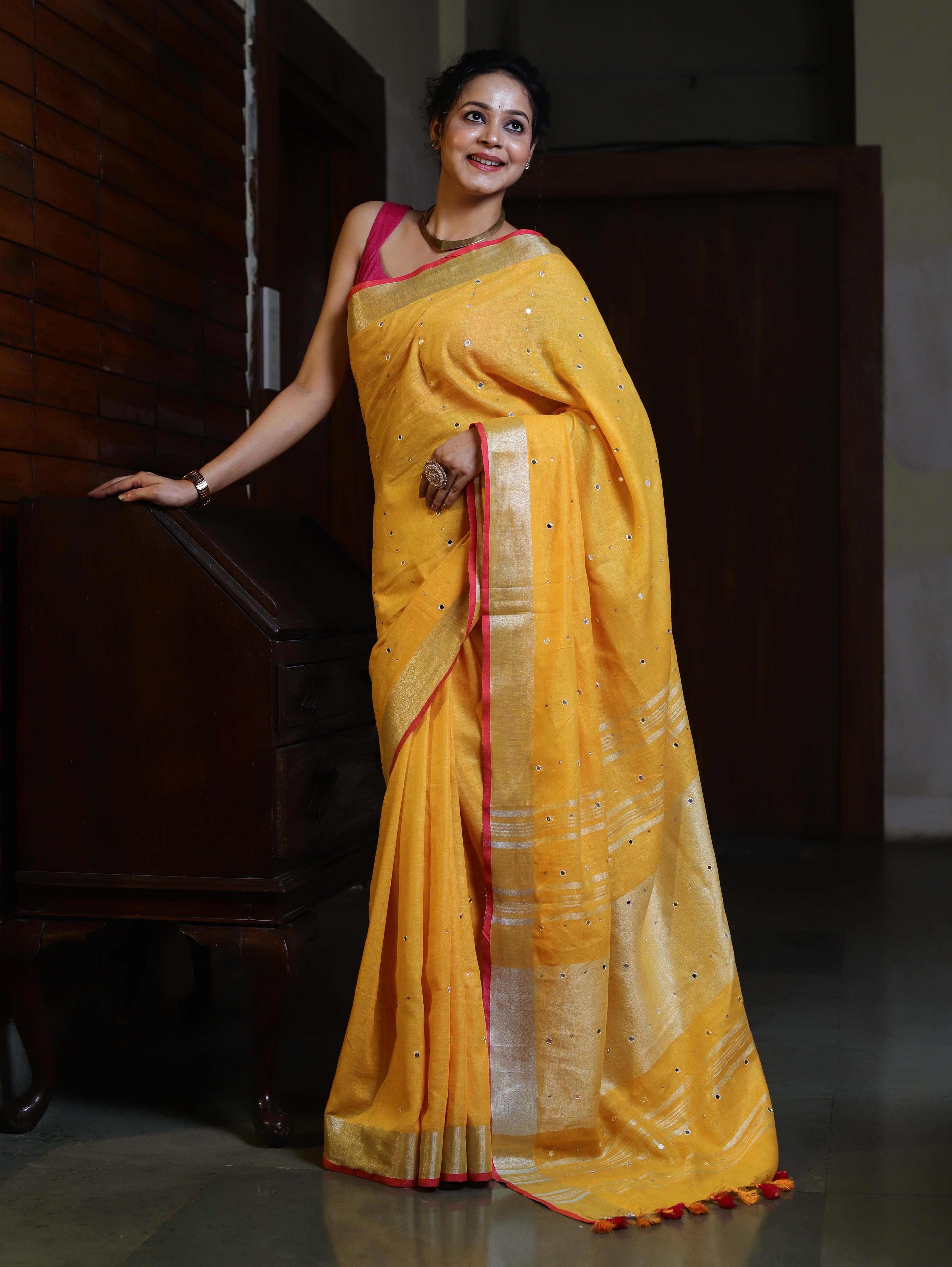 Bhagalpur Handloom Pure Linen Saree With Mirror Work & Contrast Border-Mustard Yellow