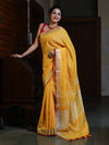 Bhagalpur Handloom Pure Linen Saree With Mirror Work & Contrast Border-Mustard Yellow