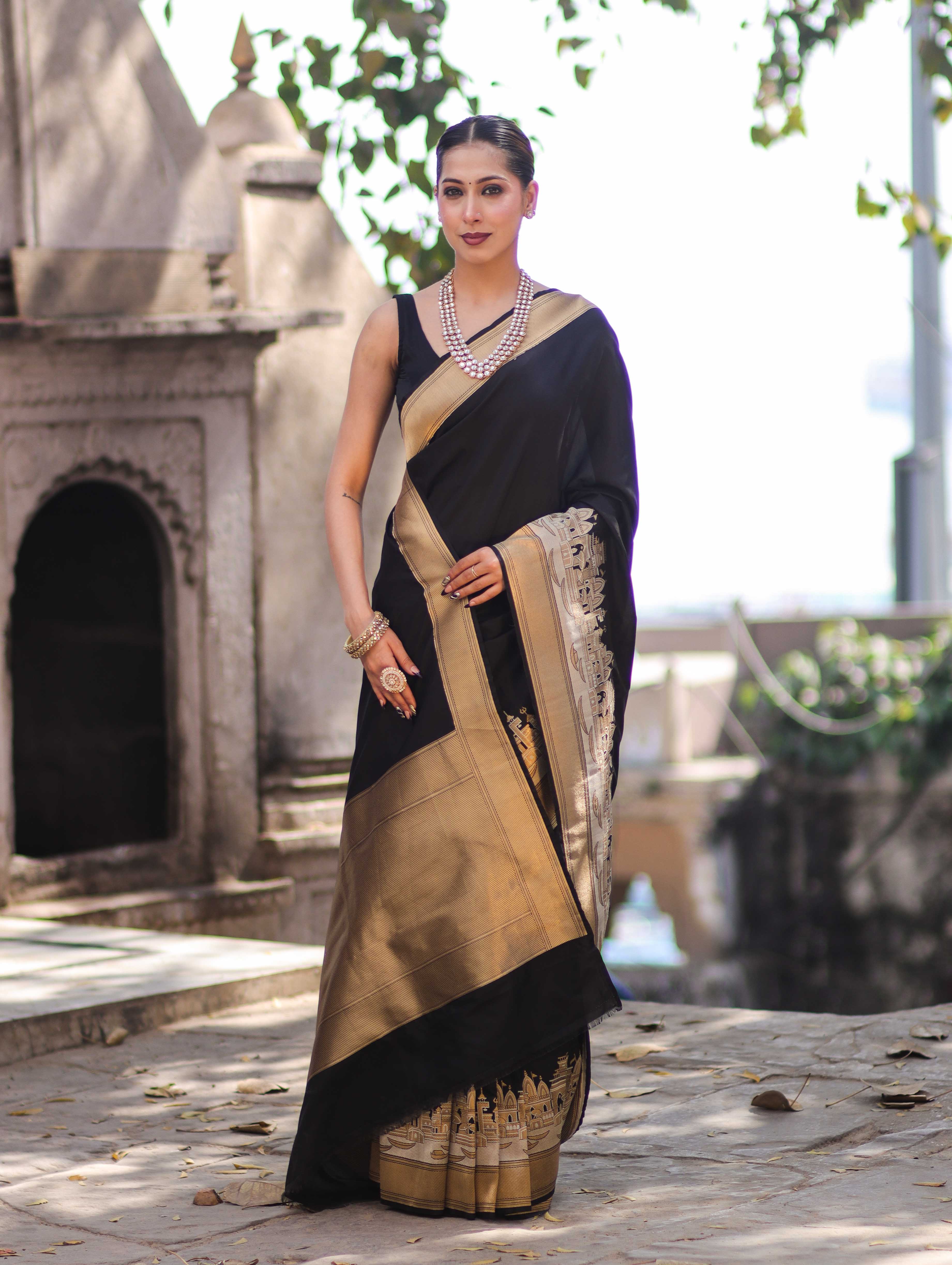 Banarasee Handloom Plain Semi Katan Saree With Ganga Ghat Zari Border-Black