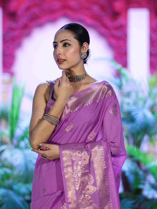 Banarasee Handloom Semi Silk Plain Saree With Zari Buta Design & Border-Onion Pink