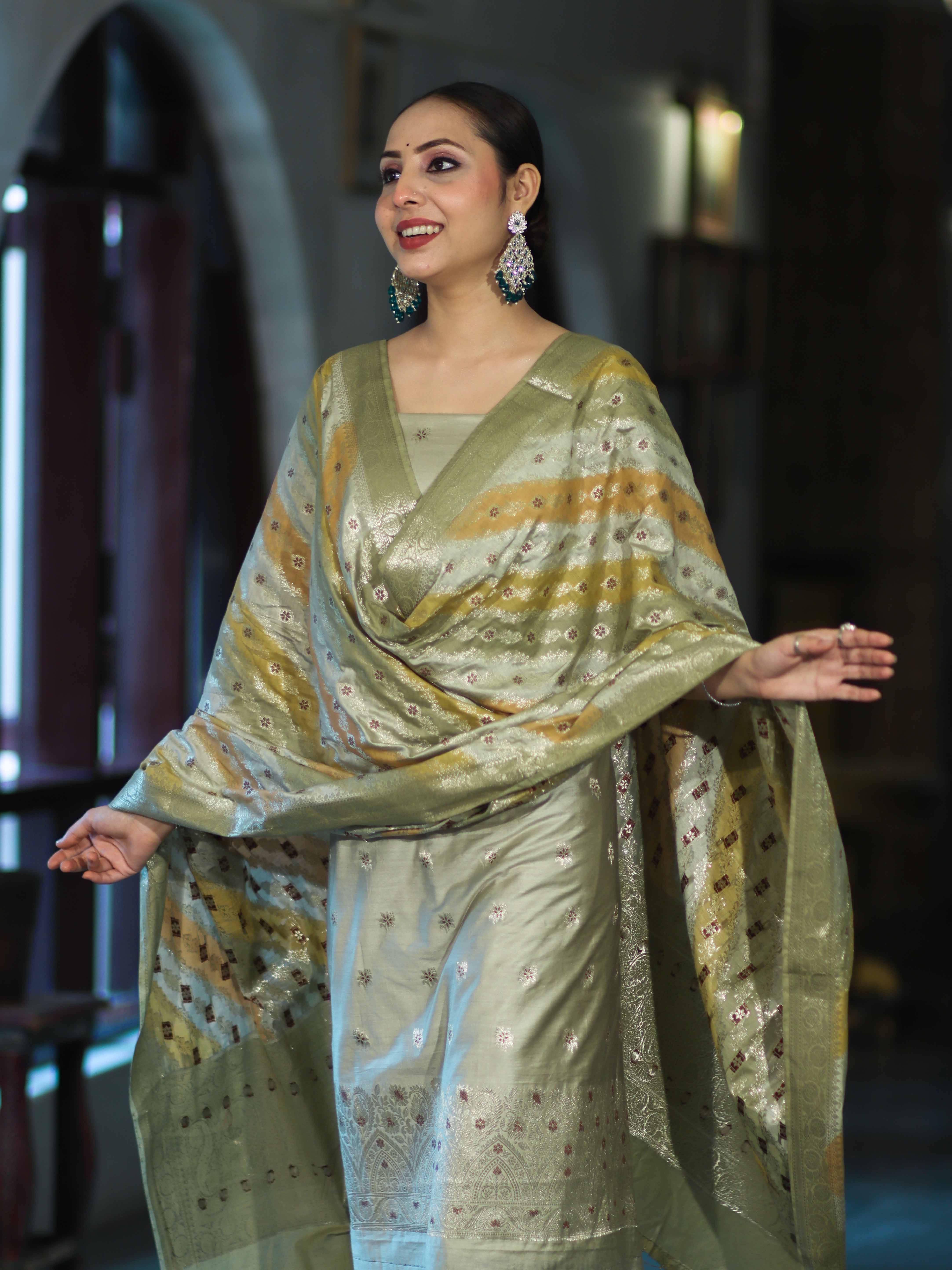 Banarasee Zari & Resham Embroidered Chanderi Salwar Kameez With Multicolor Dupatta Set-Sage Green
