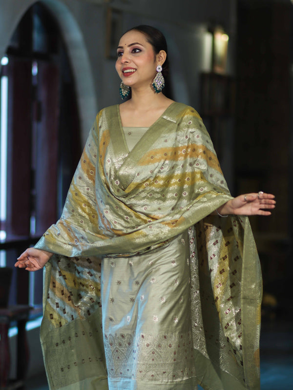 Banarasee Zari & Resham Embroidered Chanderi Salwar Kameez With Multicolor Dupatta Set-Sage Green