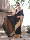 Banarasee Handloom Plain Semi Katan Saree With Ganga Ghat Zari Border-Black
