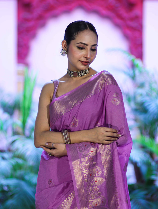 Banarasee Handloom Semi Silk Plain Saree With Zari Buta Design & Border-Onion Pink
